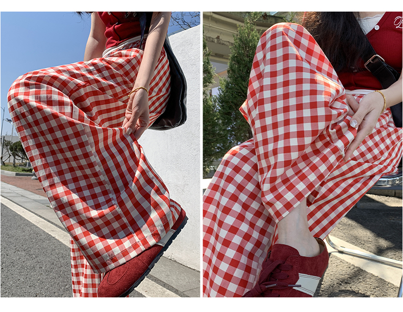 チェックパンツ 格子柄ゆったりワイドパンツ
