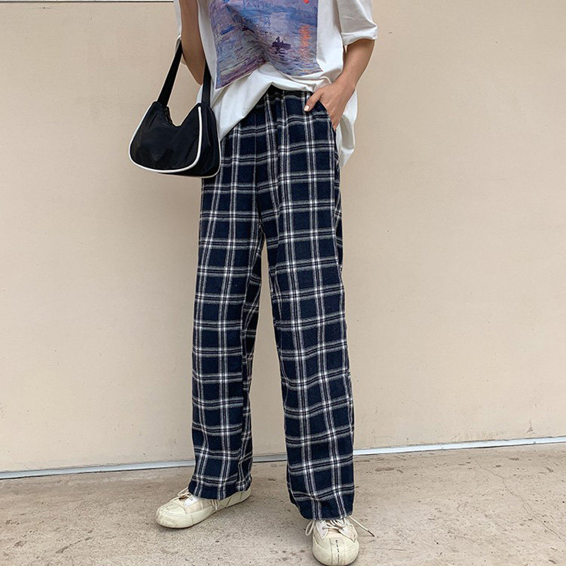 チェックパンツ 格子柄ワイドシルエットチェックパンツ