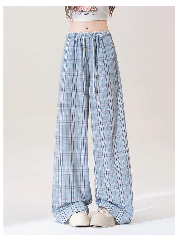 チェックパンツ レース風チェック柄ワイドパンツ