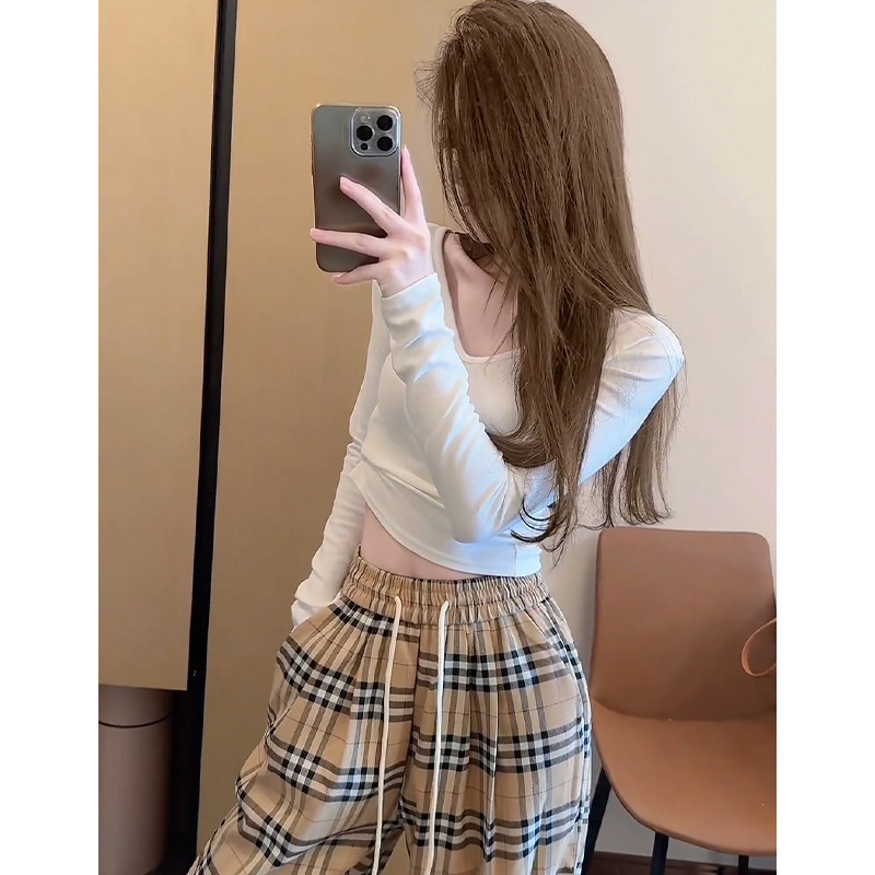 チェックパンツ グレンチェック柄ハイウエストワイド