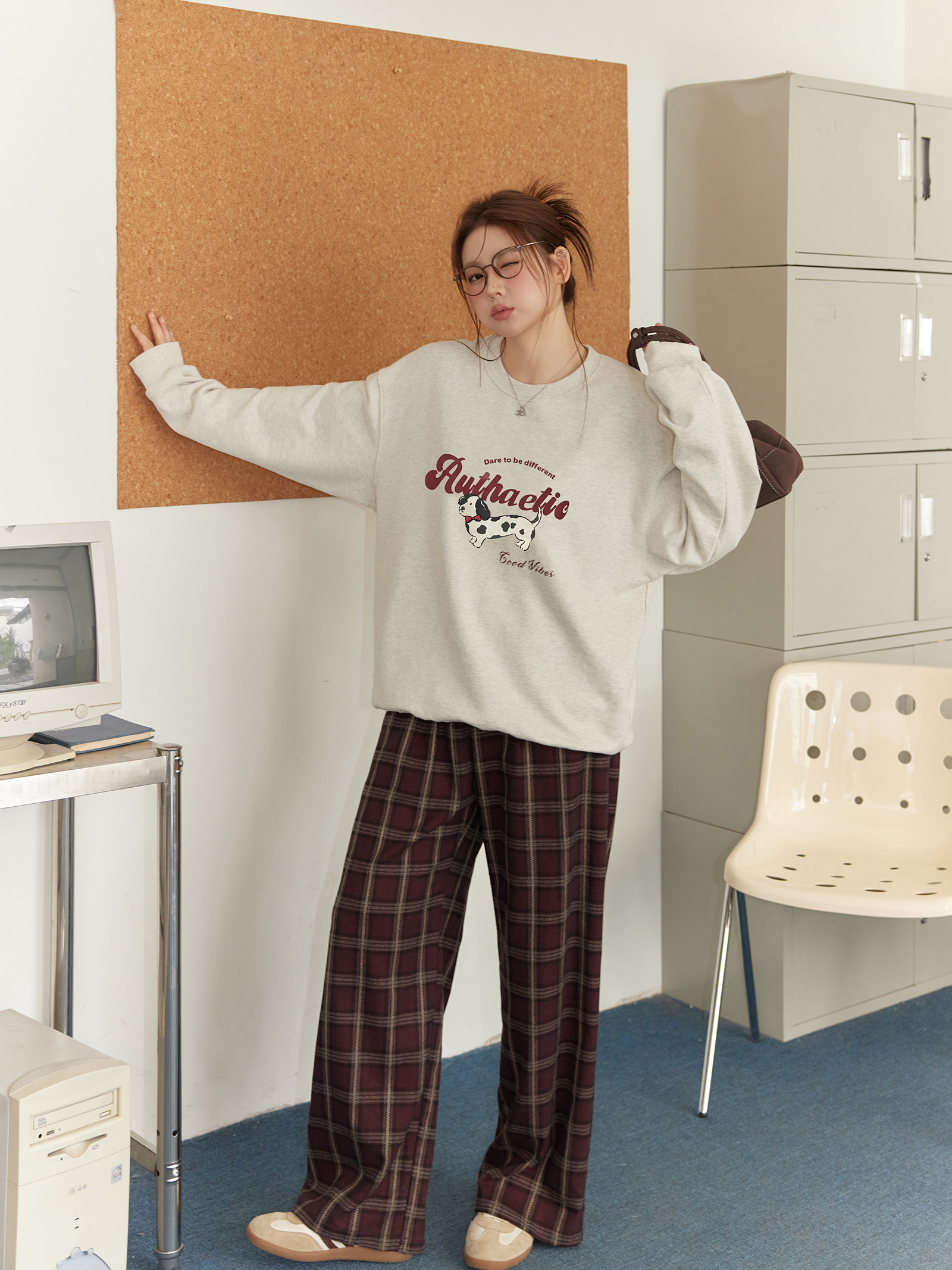 チェックパンツ なめらか素材 タータンチェックワイドパンツ