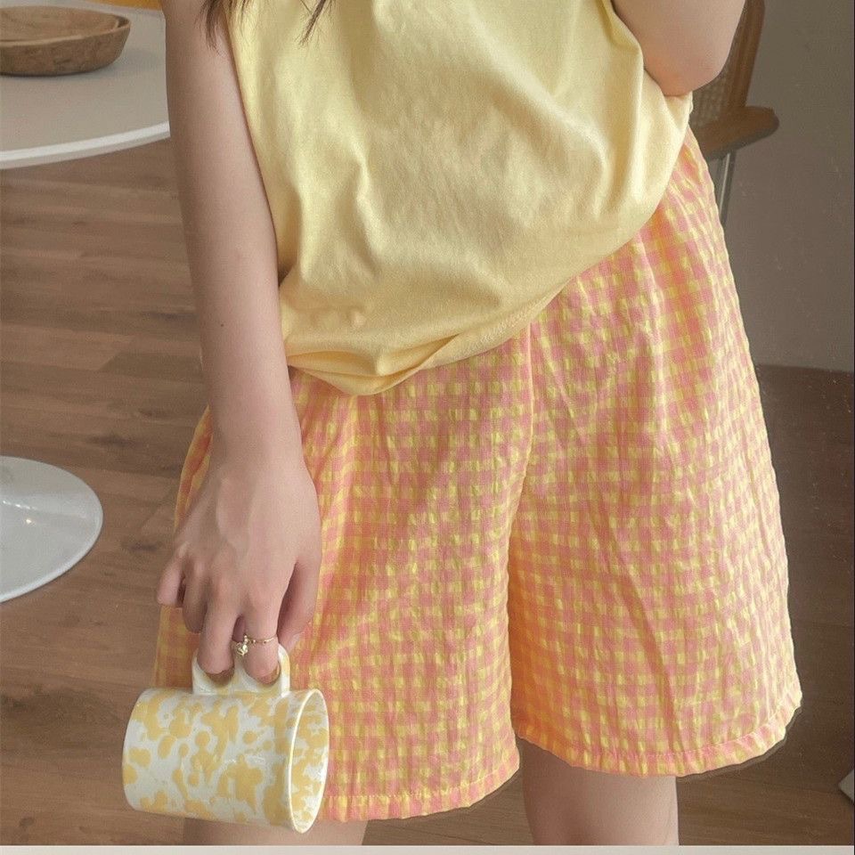 チェックパンツ 爽やか格子柄ゆったり　ショートパンツ