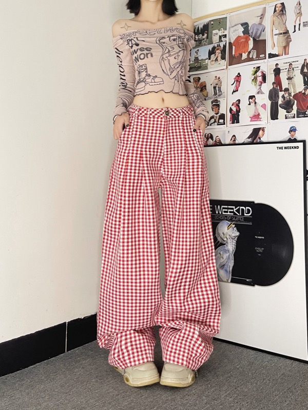 チェックパンツ レディース ギンガムチェック ワイドパンツ 赤白格子柄