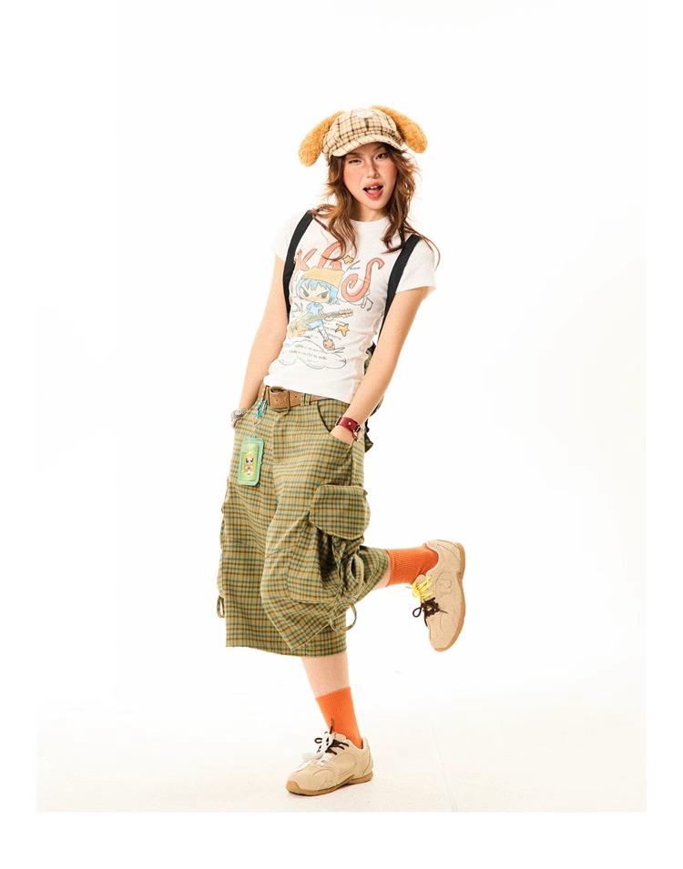 チェックパンツ マルチポケット格子柄ガウチョ