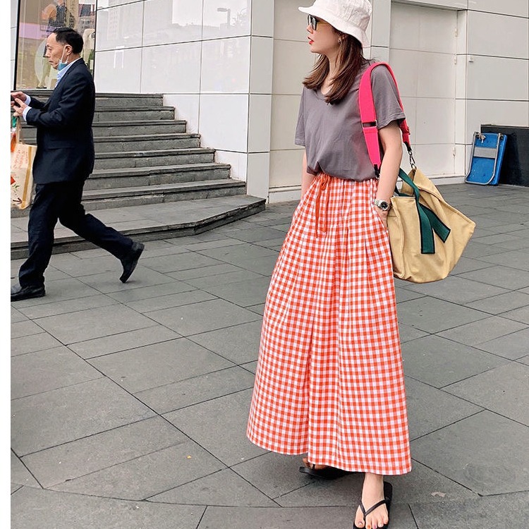 チェックパンツ ギンガムチェック柄ロング丈　ワイドパンツ