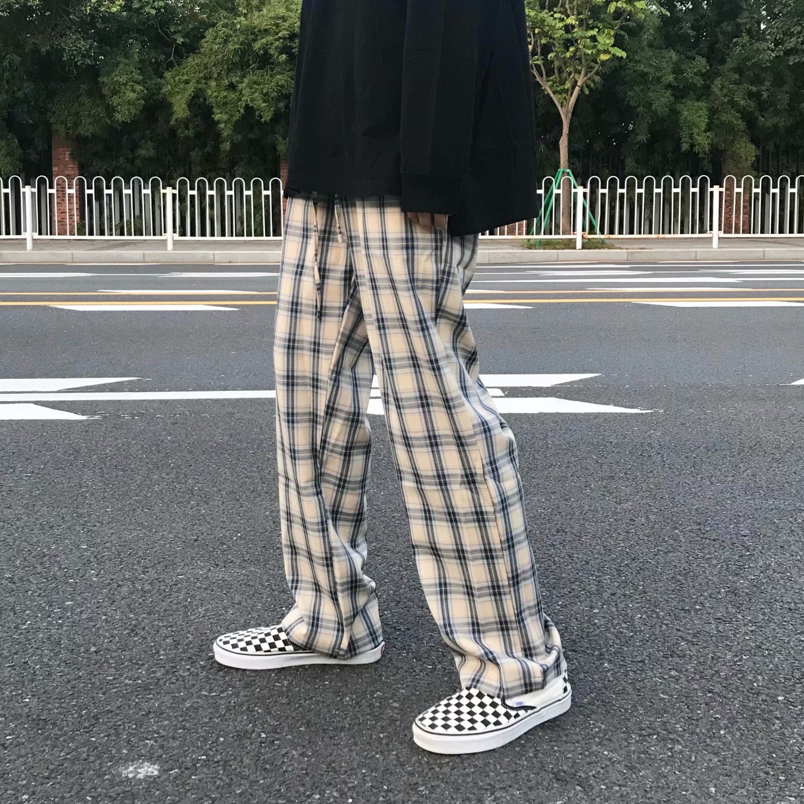チェックパンツ チェックパンツ ゆったり格子柄ワイドパンツ