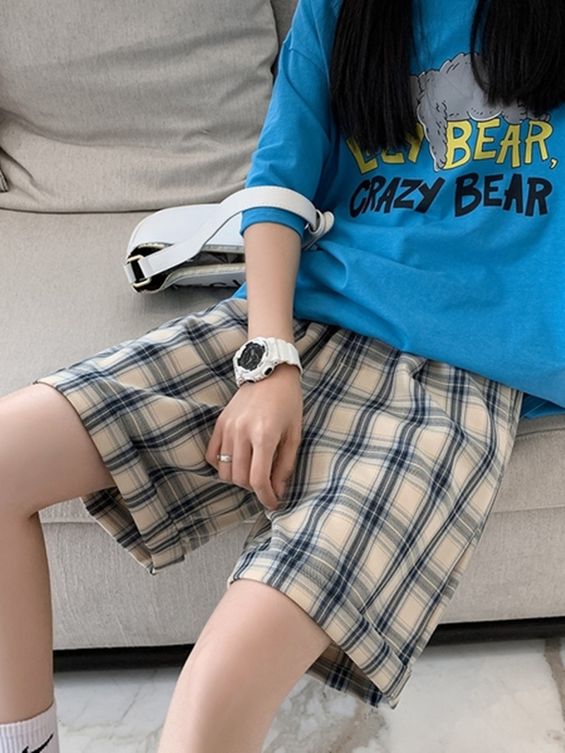 チェックパンツ シンプルチェック柄ゆったりショートパンツ