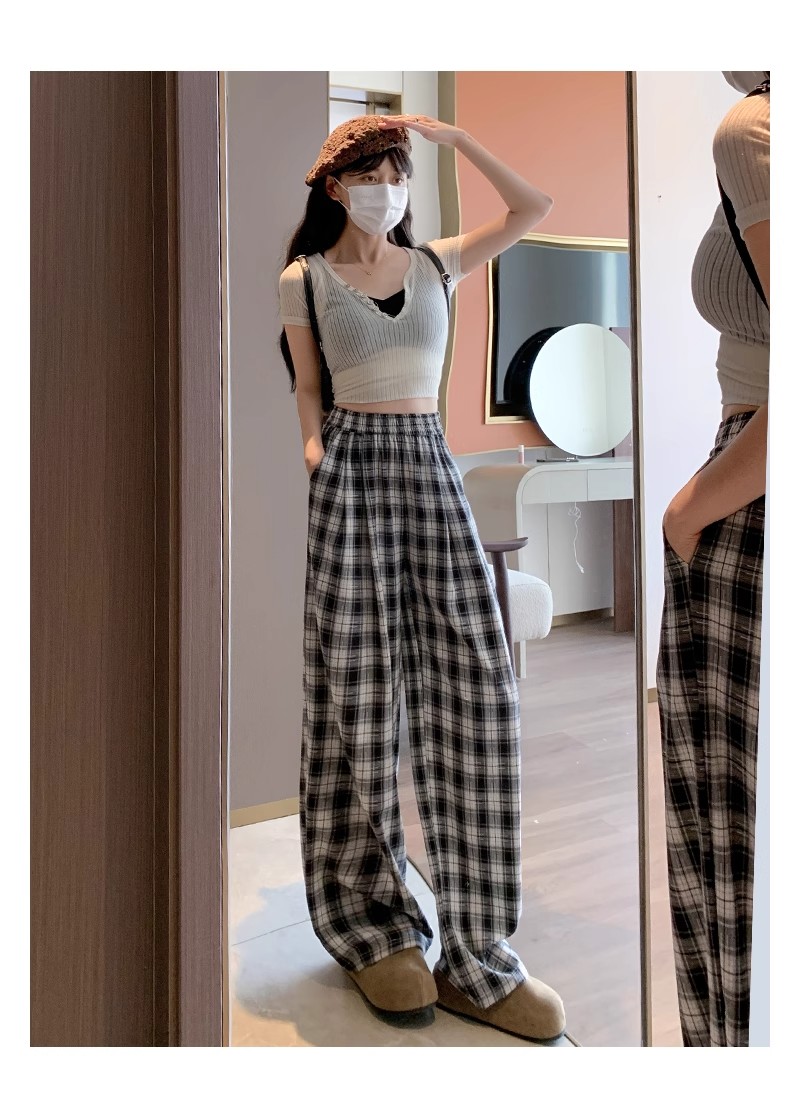 チェックパンツ クラシック格子柄ゆったりワイドパンツ