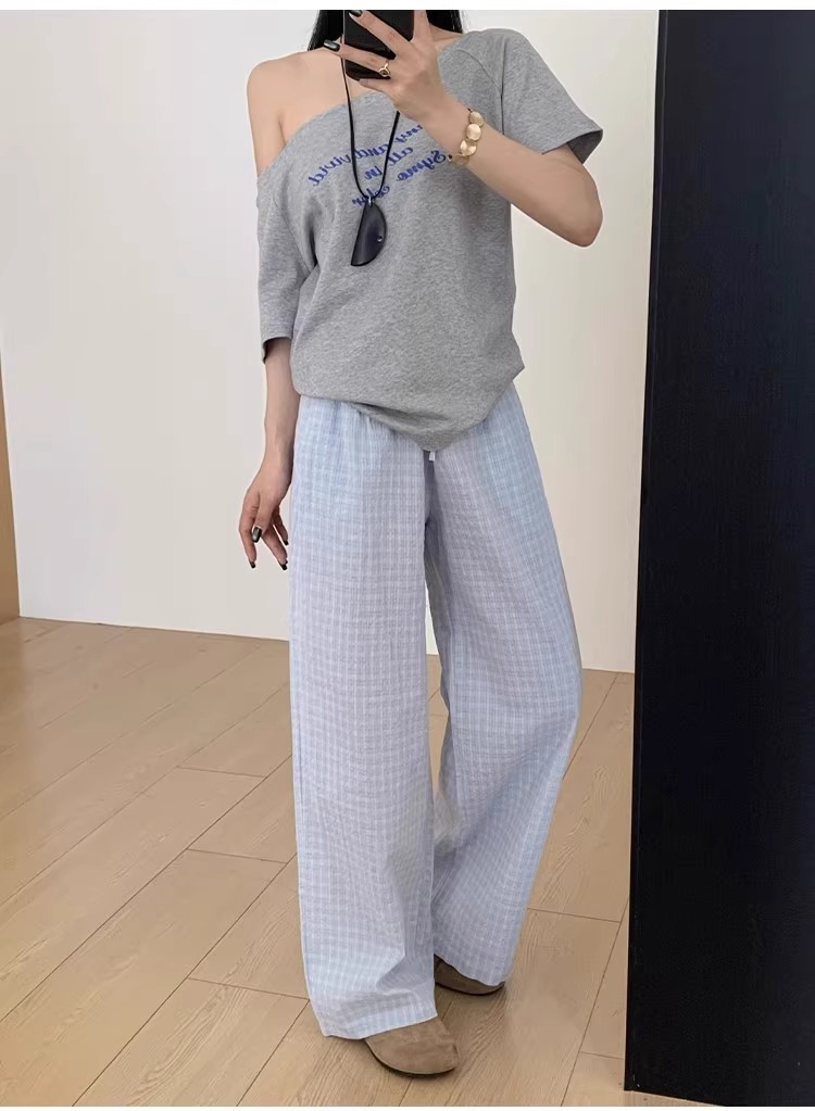 チェックパンツ 爽やか夏空ワイドパンツ