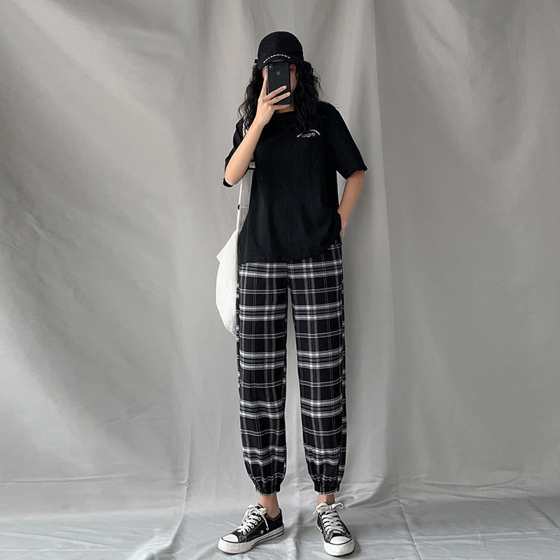 チェックパンツ 格子柄裾絞りジョガーパンツゴム仕様