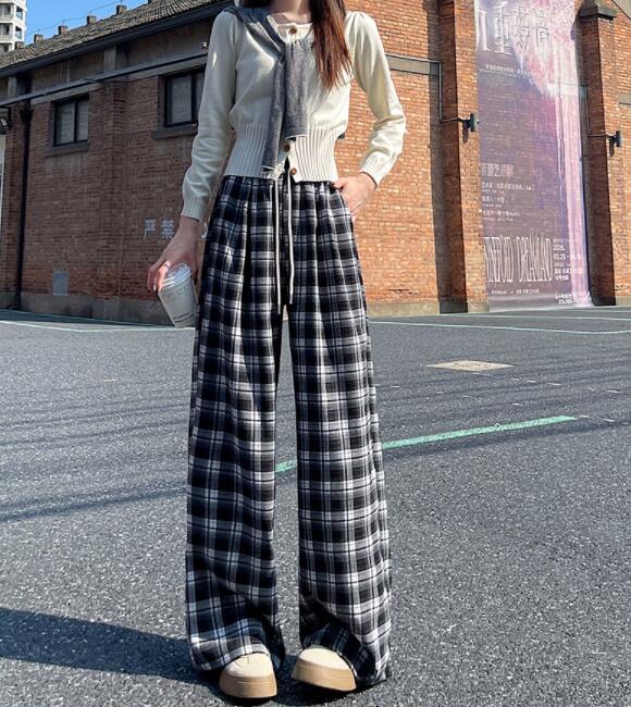 チェックパンツ チェック柄ワイドパンツ レディース ゆったりスラックス