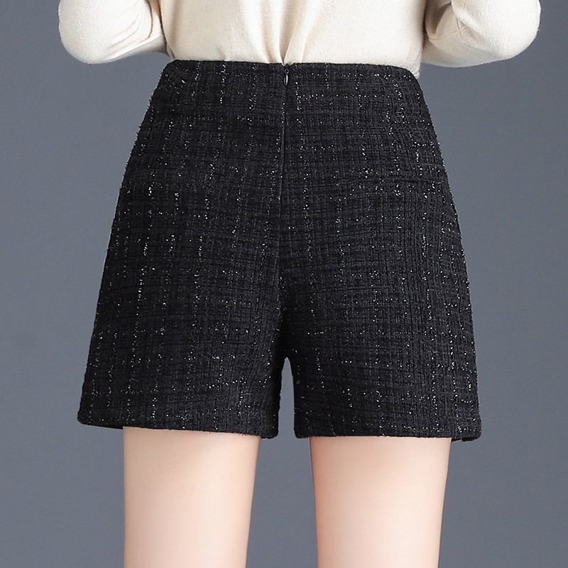 チェックパンツ ラメ入りツイード生地装飾ボタン付き ショートパンツ