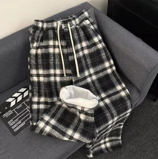 メンズ起毛チェックパンツ白黒柄