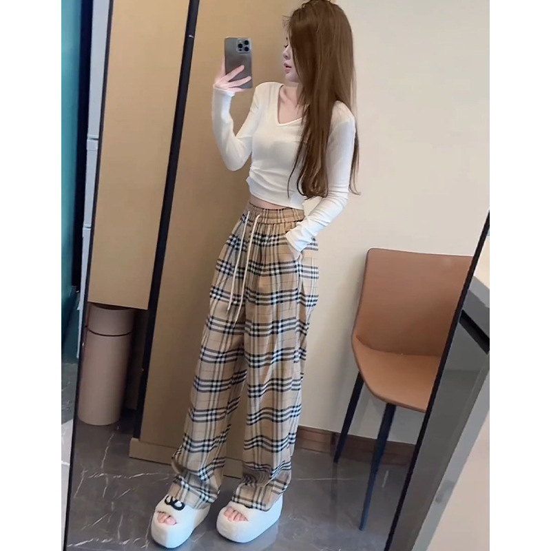 チェックパンツ グレンチェック柄ハイウエストワイド