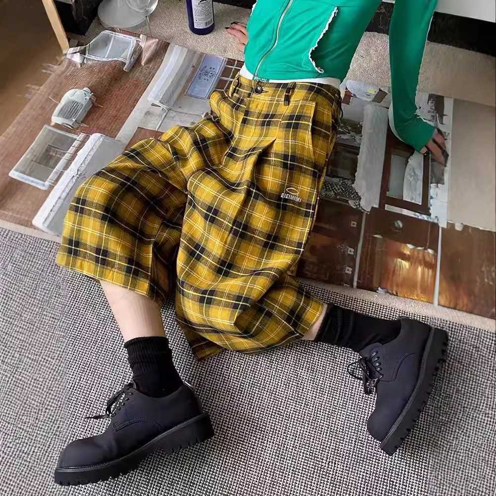 チェックパンツ タータンチェック柄ワイドシルエットハーフ丈パンツ