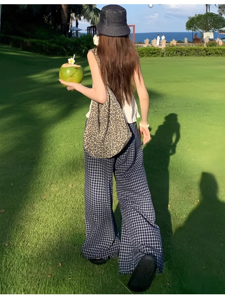 チェックパンツ 爽やか夏空ワイドパンツ