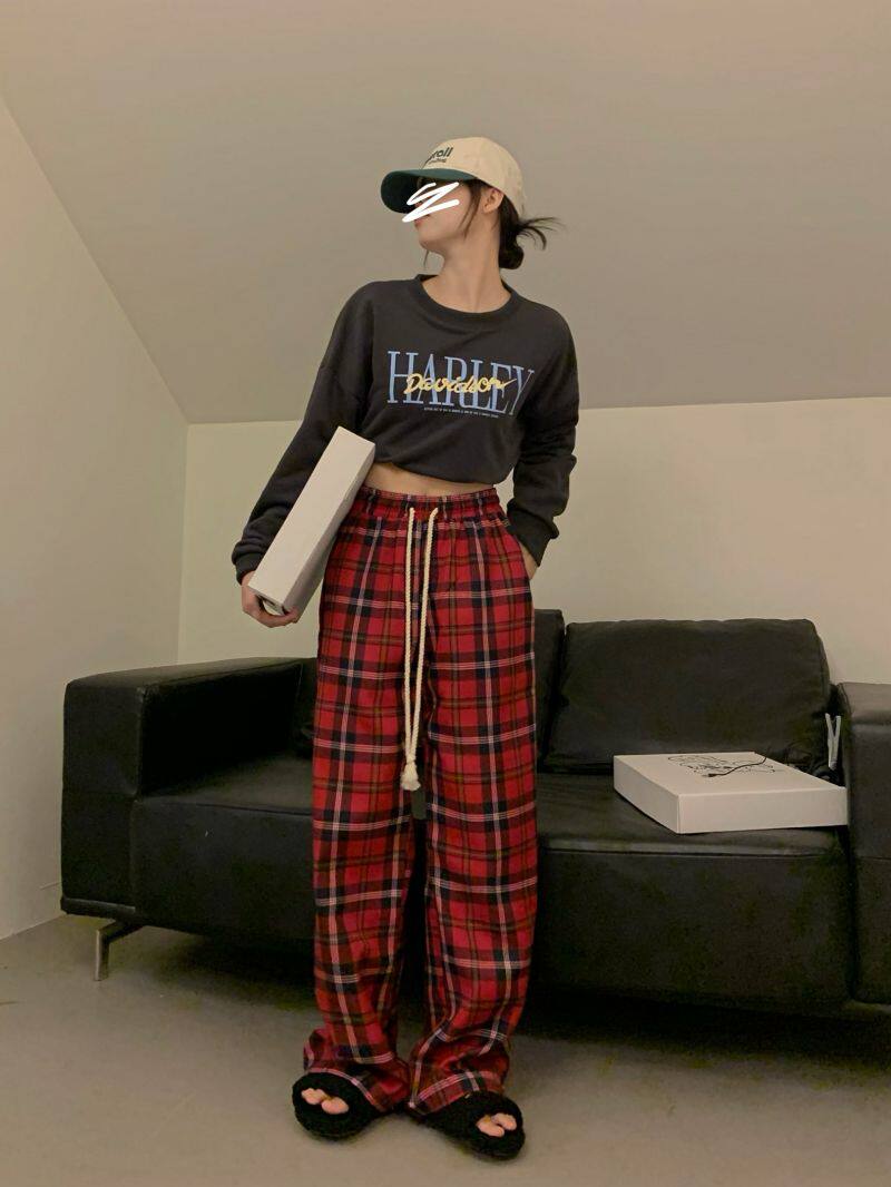 チェックパンツ 紐付きゆったりシルエットギンガムチェック柄パンツ