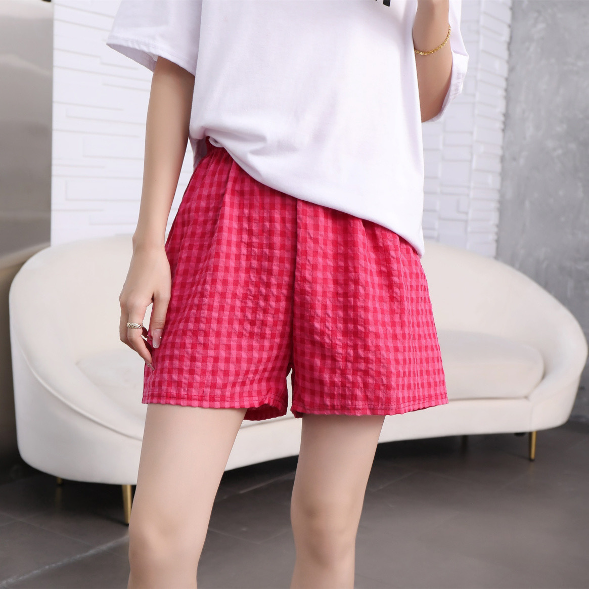 チェックパンツ 爽やか格子柄ゆったり　ショートパンツ