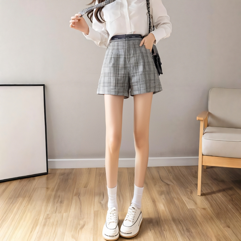 チェックパンツ クラシック格子柄ハイウエストショートパンツ