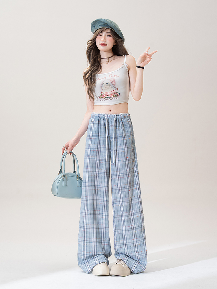 チェックパンツ レース風チェック柄ワイドパンツ