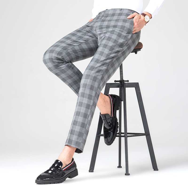 チェックパンツ グレー 洗練された格子柄スリムパンツ