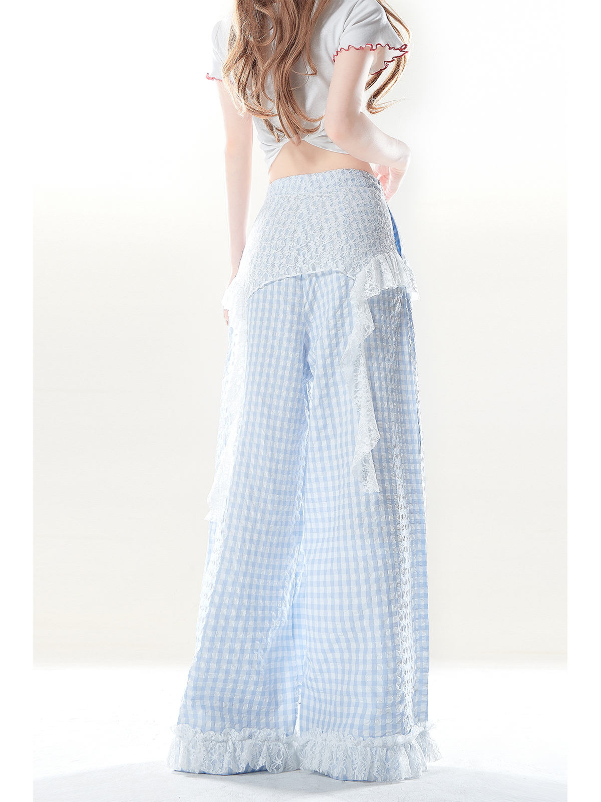 チェックパンツ レースあしらいワイドパンツ