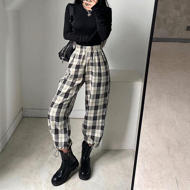 チェックパンツ 格子柄ゆったりテーパードイージーパンツ