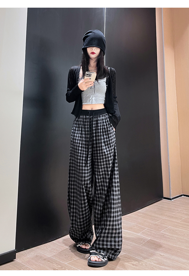 チェックパンツ グレー ゆったりシルエット格子柄ワイドパンツ