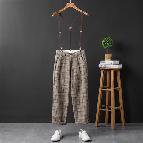チェックパンツ サスペンダー付き グレンチェック パンツ