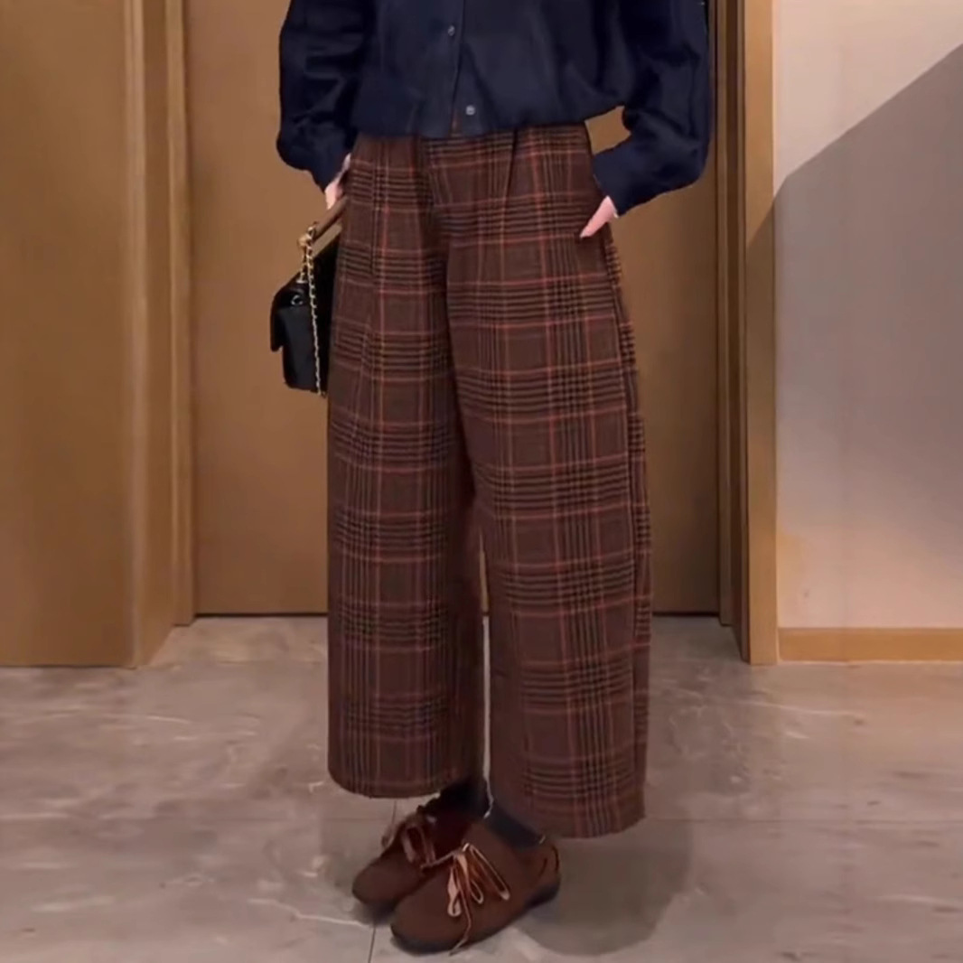チェックパンツ ブラウン レトロ格子柄ワイド丈パンツ