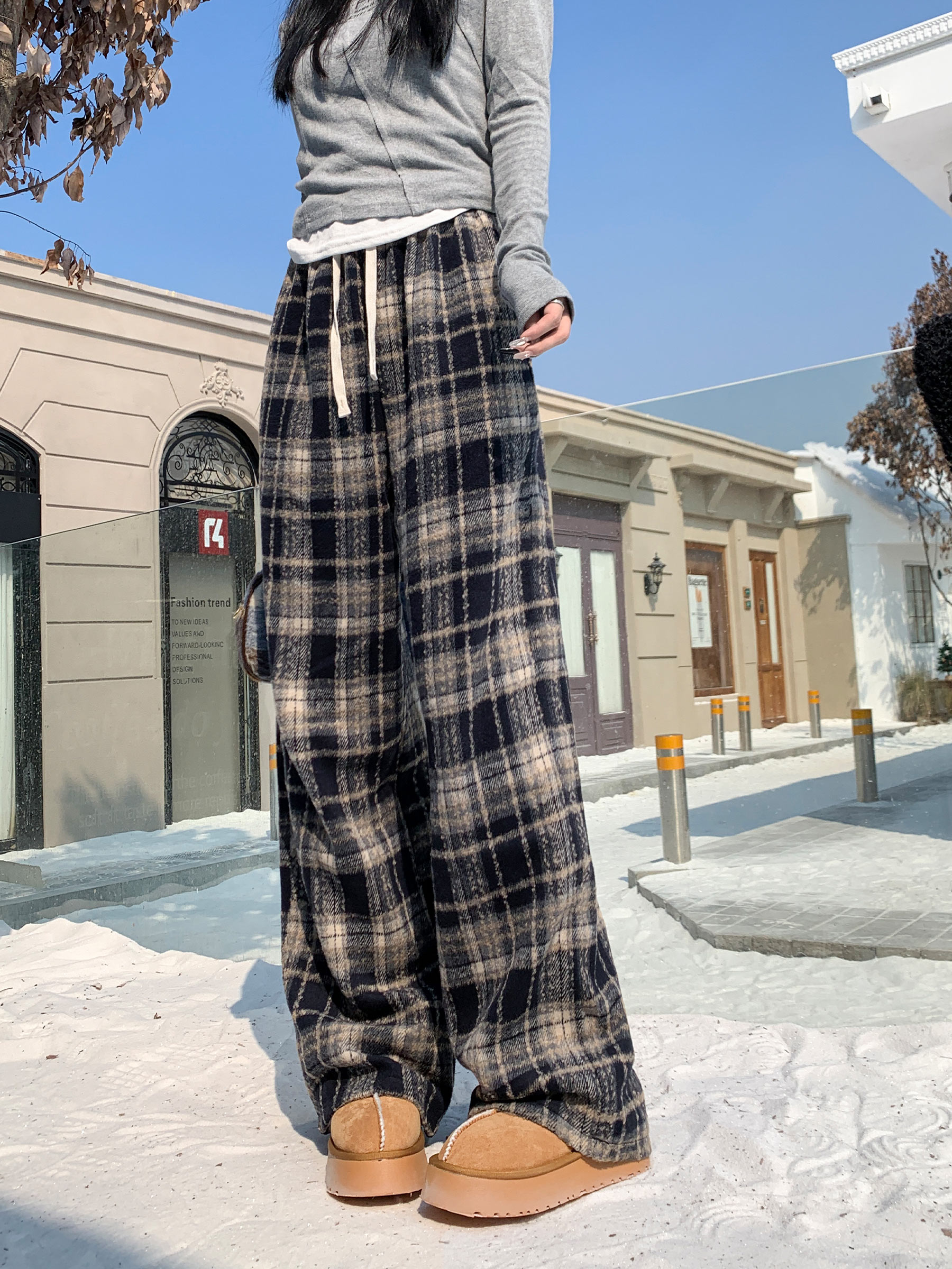 チェックパンツ ゆったりチェックあったかワイドパンツ
