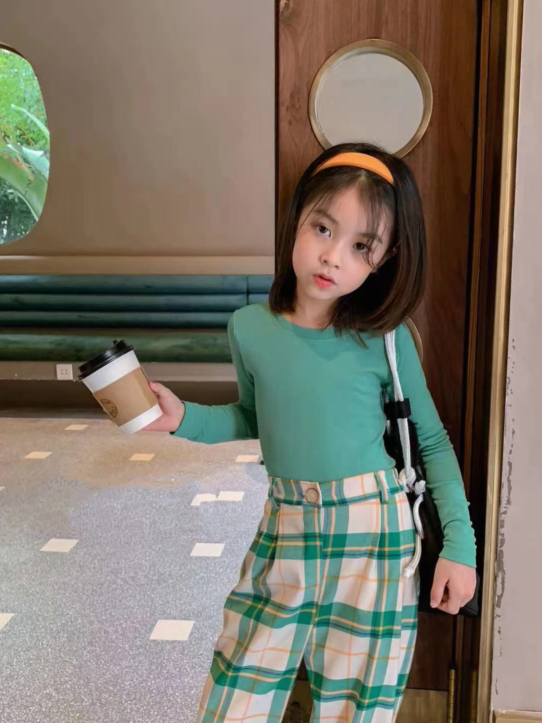 韓国風女の子チェックパンツセット可愛いツーピース子供服