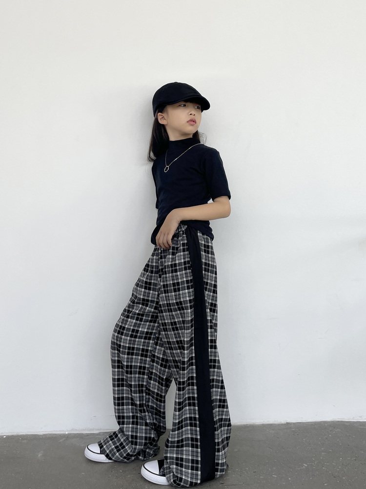 チェックパンツ 切替デザイン格子柄チェックパンツワイドシルエット