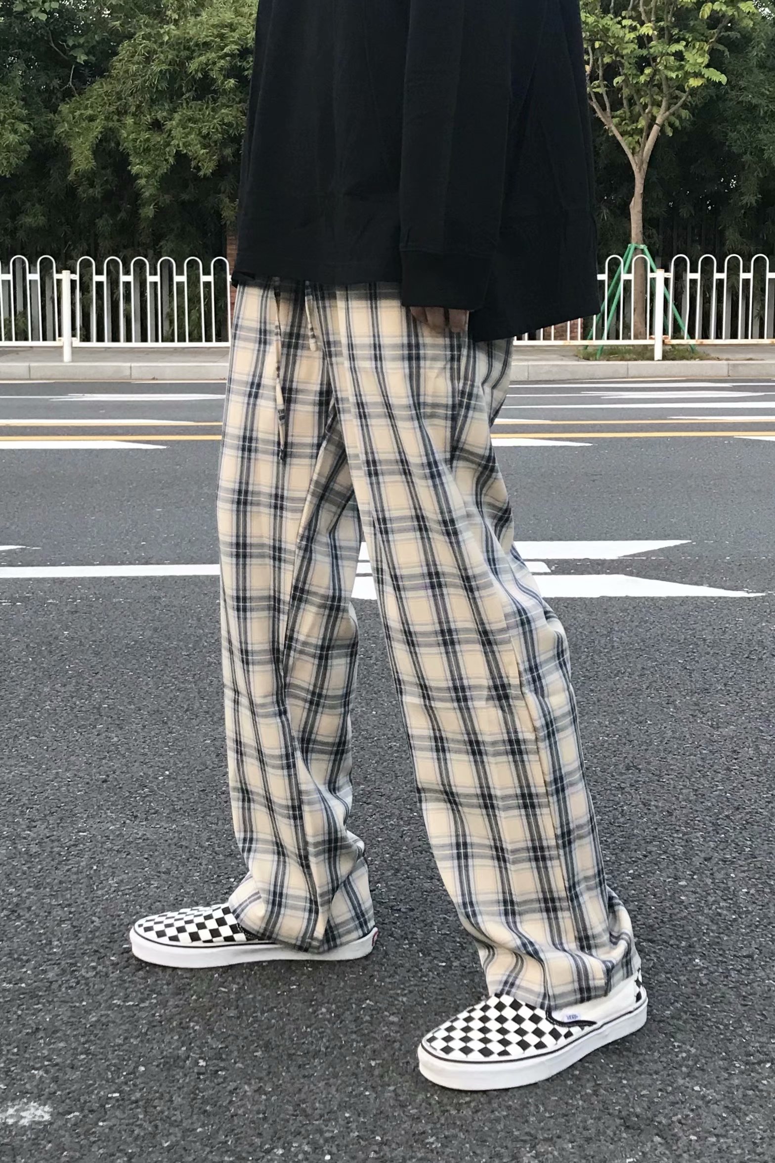 チェックパンツ チェックパンツ ゆったり格子柄ワイドパンツ