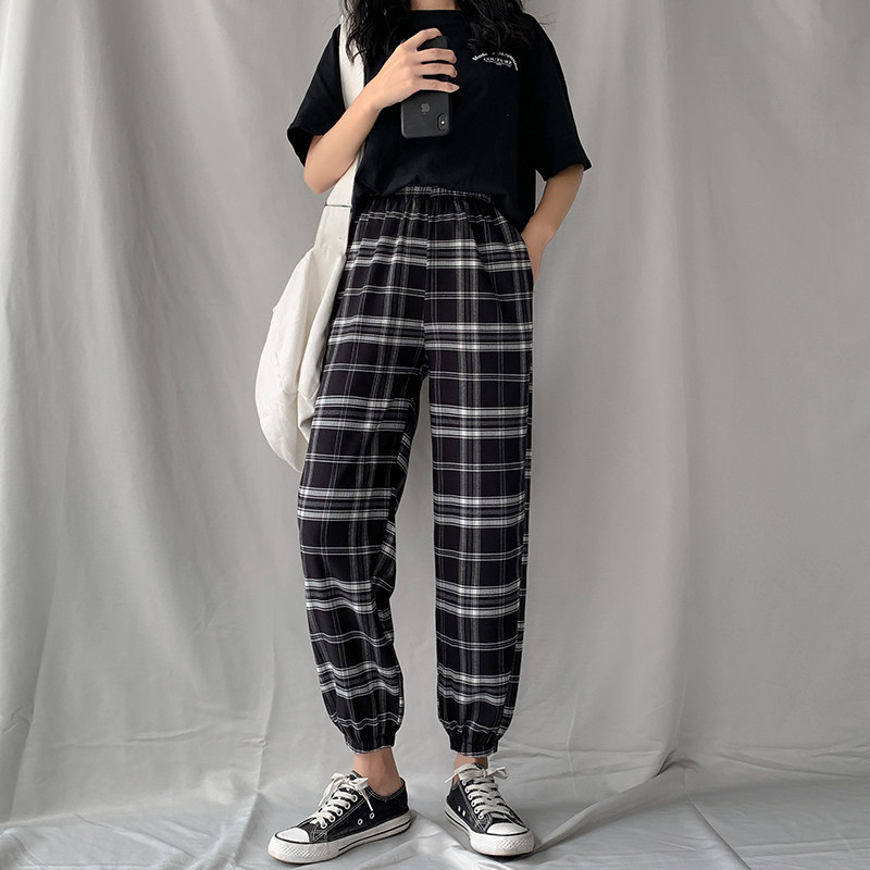 チェックパンツ 格子柄裾絞りジョガーパンツゴム仕様