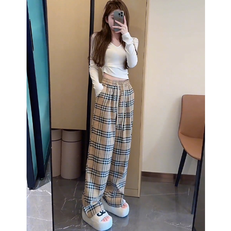 チェックパンツ グレンチェック柄ハイウエストワイド