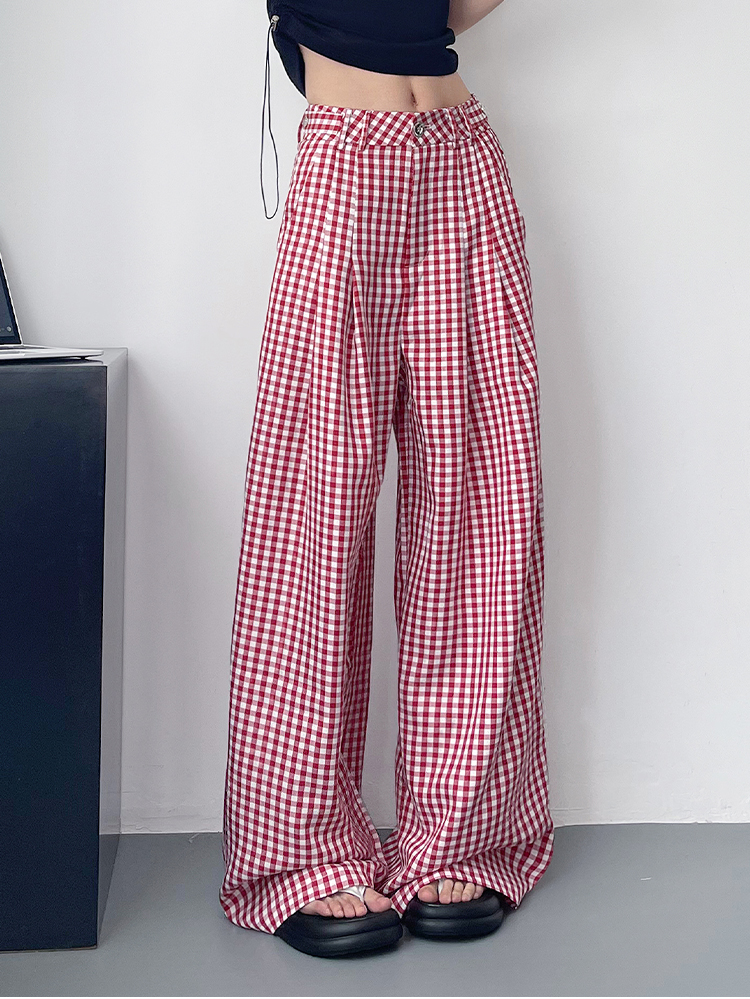 チェックパンツ 格子柄ゆったりロングパンツ