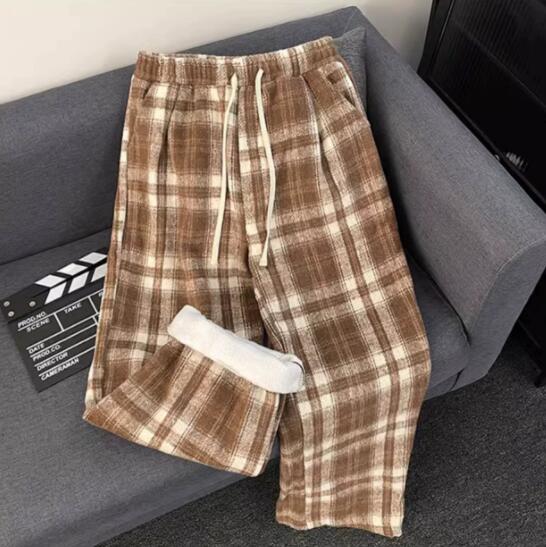 メンズ起毛チェックパンツ白黒柄