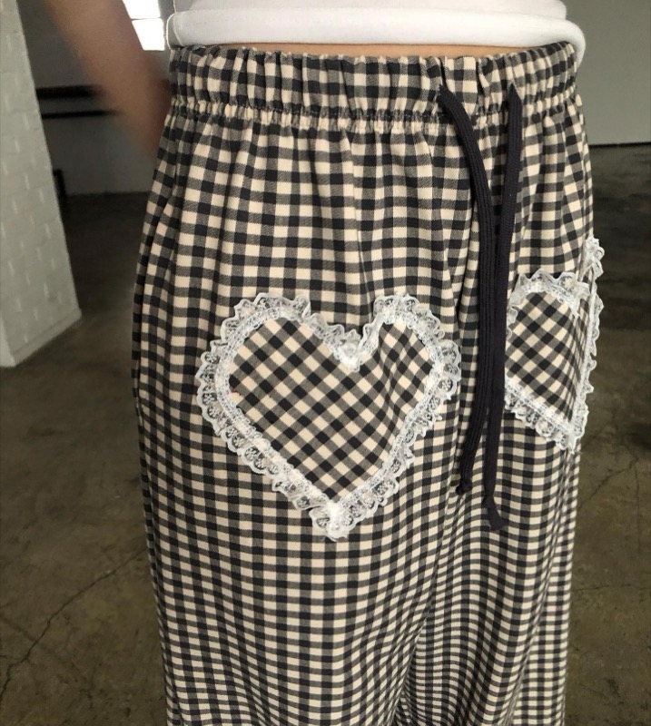 ハイウエストギンガムチェックパンツハート刺繍レース