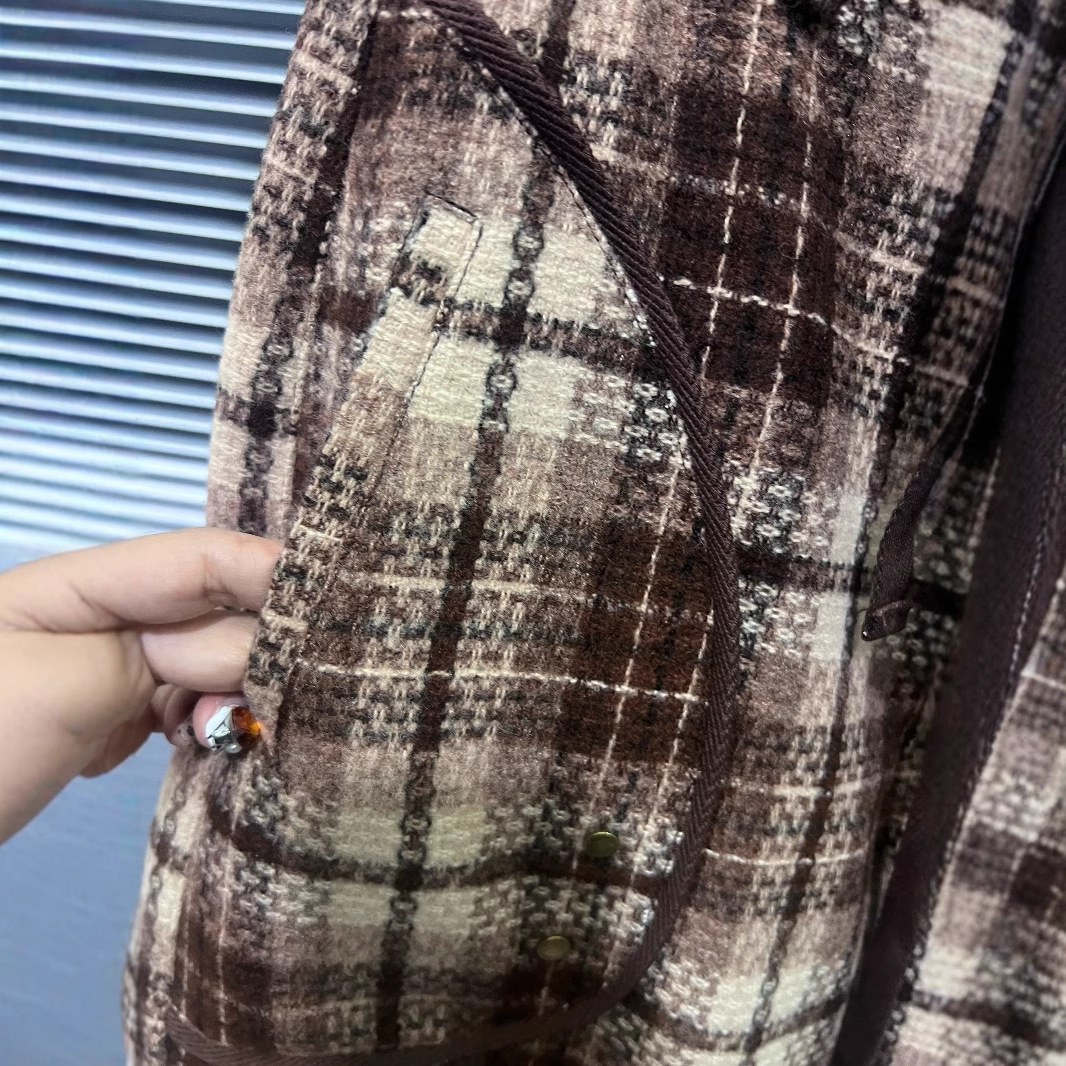 チェックパンツ ブラウン あたたか素材の千鳥格子柄ワイドパンツ