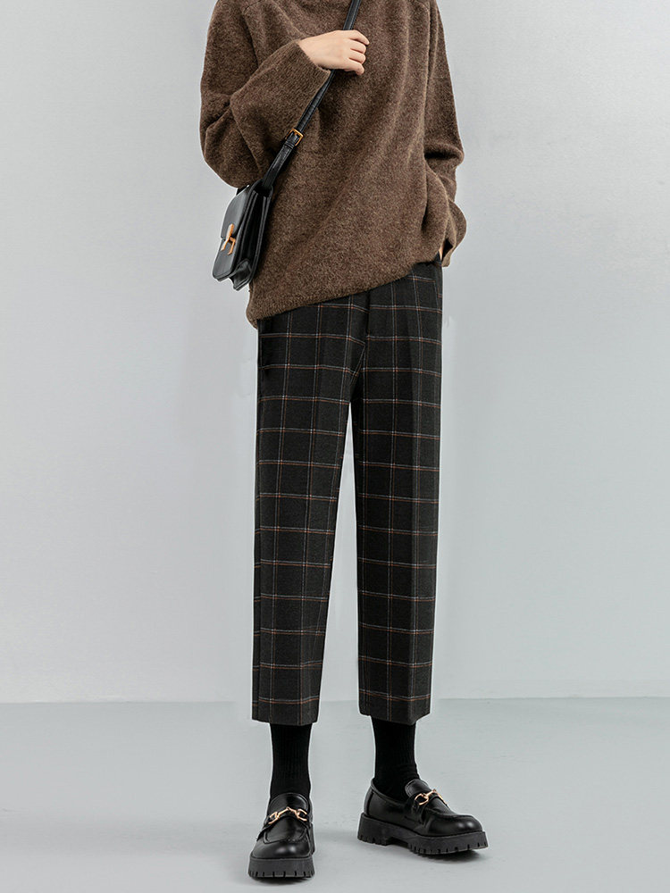 チェックパンツ 秋冬格子柄テーパードシルエット美脚パンツ