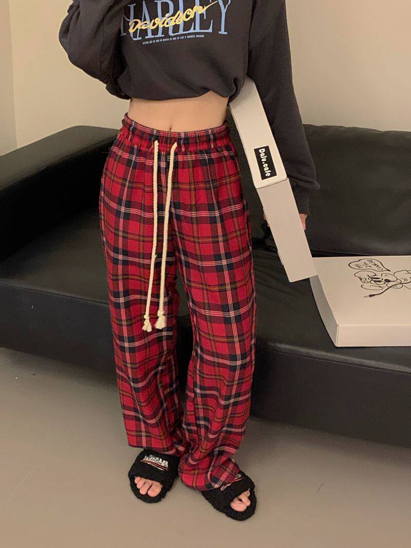 チェックパンツ 紐付きゆったりシルエットギンガムチェック柄パンツ