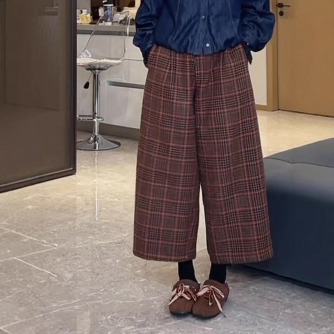 チェックパンツ ブラウン レトロ格子柄ワイド丈パンツ