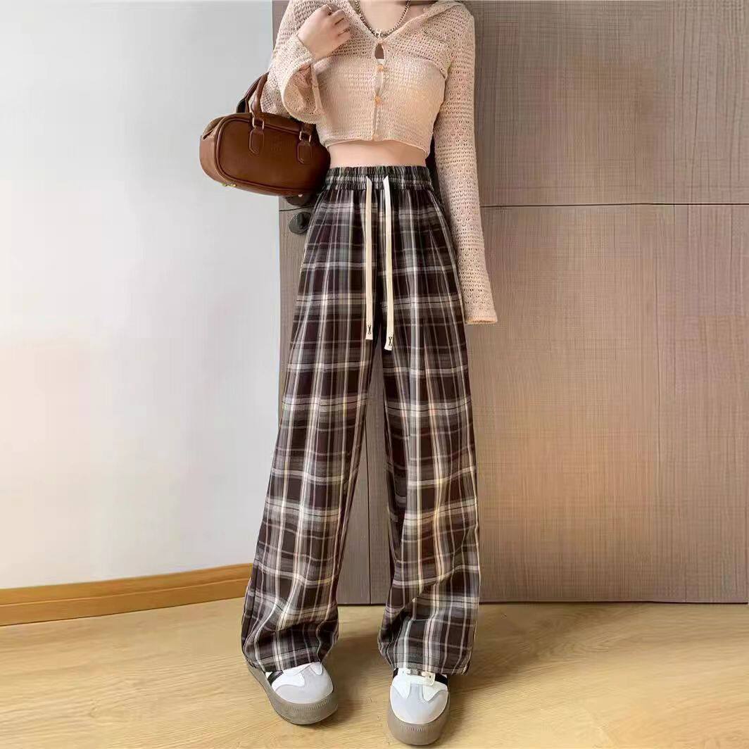 チェックパンツ ゴム紐付きギンガムチェック柄ワイドパンツ
