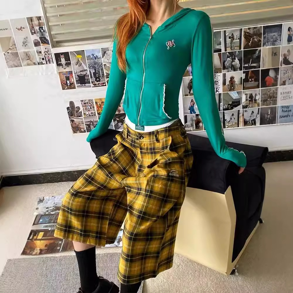 チェックパンツ タータンチェック柄ワイドシルエットハーフ丈パンツ