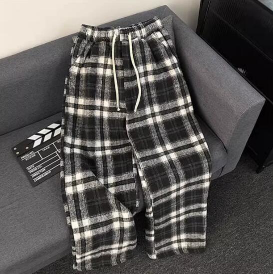 メンズ起毛チェックパンツ白黒柄