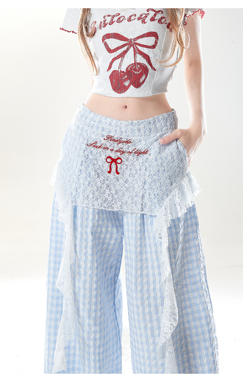チェックパンツ レースあしらいワイドパンツ