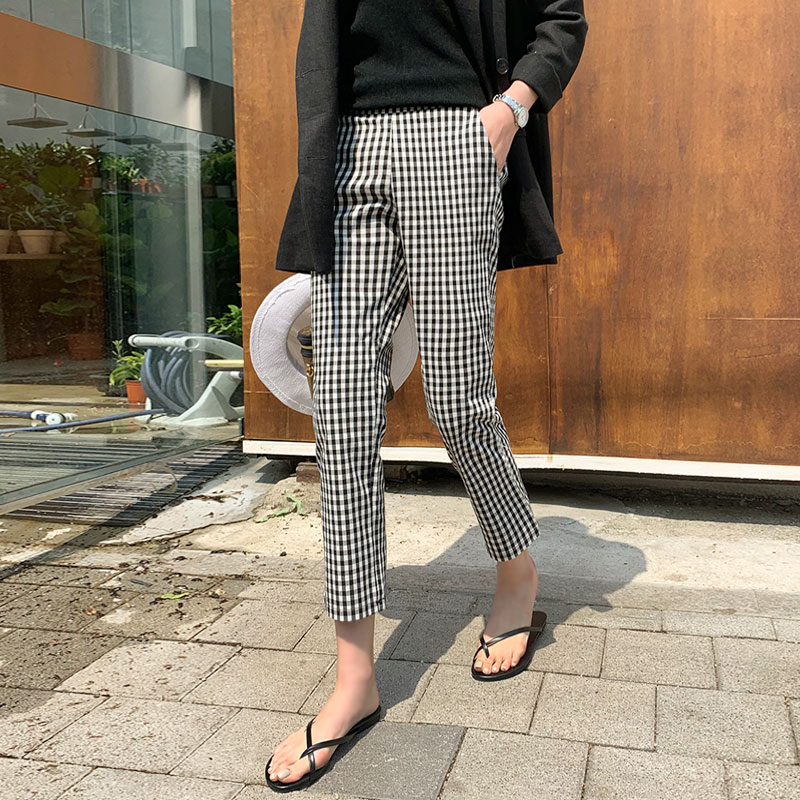 チェックパンツ シンプルギンガムスリムパンツ