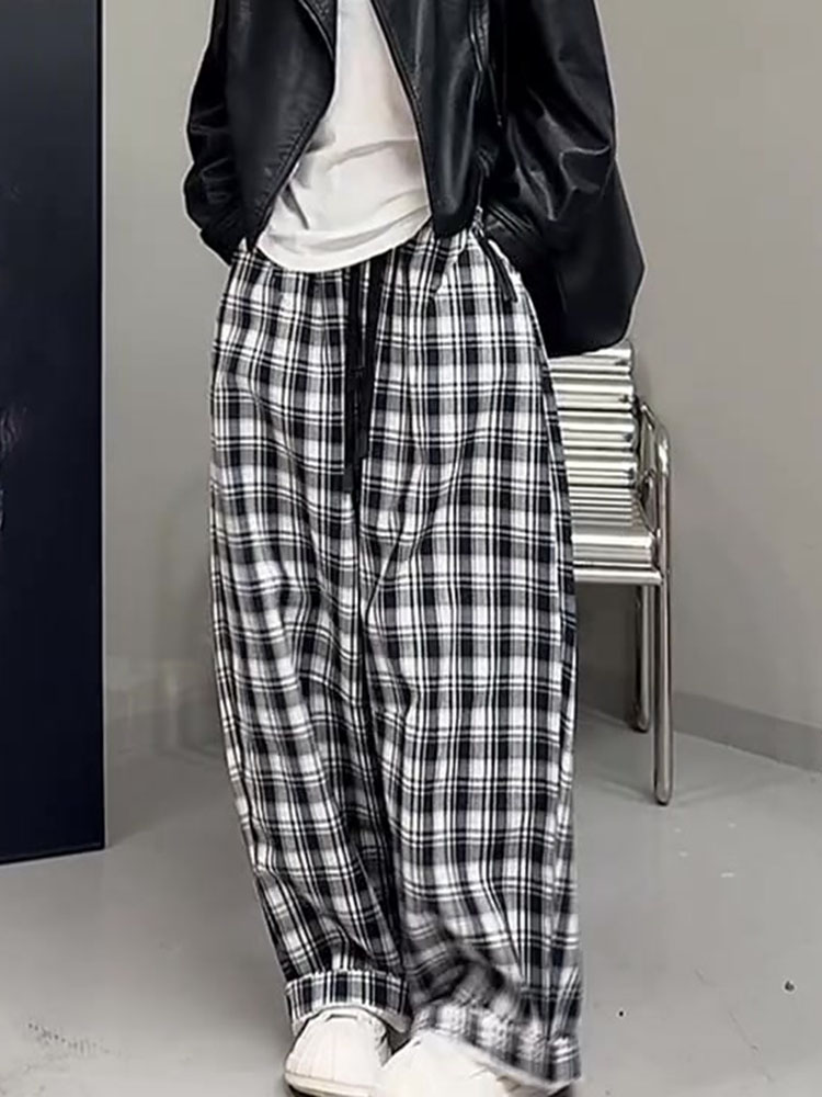 チェックパンツ 白黒 ゆったりシルエット格子柄ワイドパンツ
