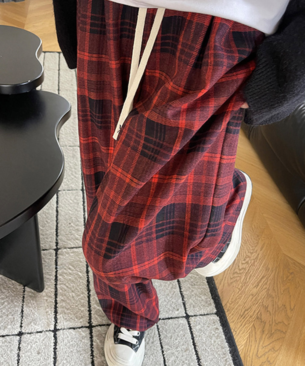 チェックパンツ チェック柄ハイウエストワイドパンツ